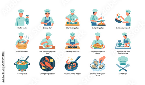 Chef icons illustrating fish preparation and cooking activities