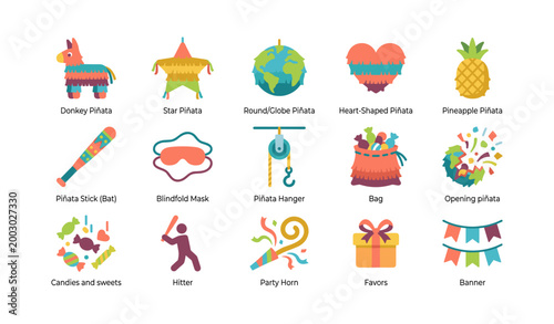 Piñata and party icons showing toys and celebration items