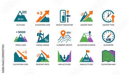 Elevation icons showing altitude and ascent metrics on white