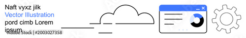 Technology, cloud computing, data management, software development, data analytics, information processing. Icon of a cloud with connected dashboard and gear. Cloud computing and technology concept