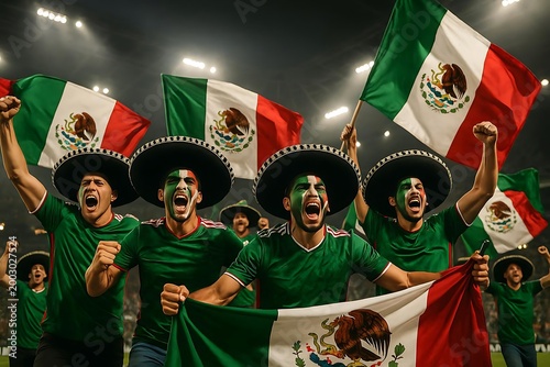 Men wearing sombrero waving Mexico flag while cheering at stadium. Enthusiastic soccer fans celebrating victory during international match. Hispanic supporter group in green jersey at event.