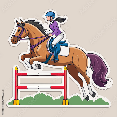 Equestrian Rider Jumping Horse Over Obstacle