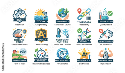 Seafood product labels and certification icons for sourcing and quality