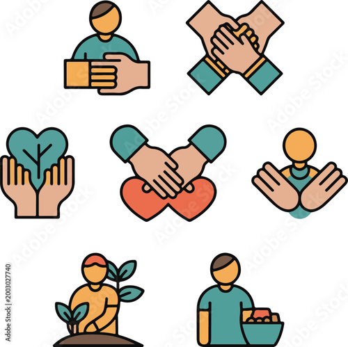 Charity and Community Care Icon Set: Volunteer Work, Humanitarian Aid, and Environmental Support Illustrations