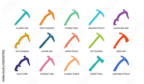 Ice axe and climbing tool icons arranged in white grid layout