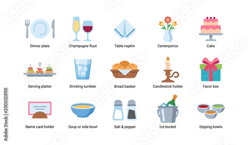 Event tableware and serving icons on white background
