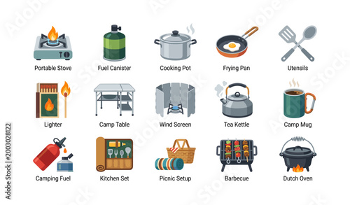 Camping cookware and kitchen items arranged on white background