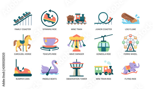 Assorted amusement park rides arranged on white background