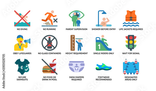 Pool safety icons showing rules and guidelines for facility