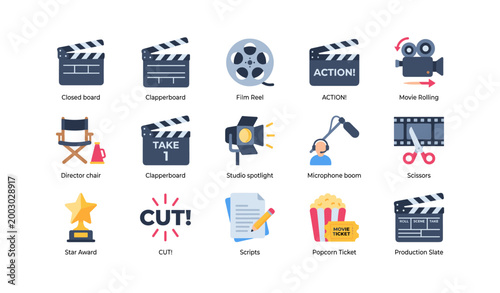 Film and movie production icons arranged on white background