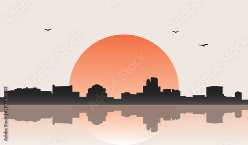 Foto Minimalist contemporary Japanese-style drawing of a half sun skyline with water