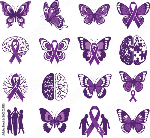 Purple Awareness Ribbons and Butterflies Vector Set for Lupus, Epilepsy, and Pancreatic Cancer Support