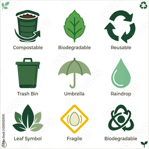 Create a realistic Recycling and packaging glyph icon set. Vector pictograms of compostable, biodegradable, leaf, reusable, trash bin, umbrella, raindrop, fragile, vector art .