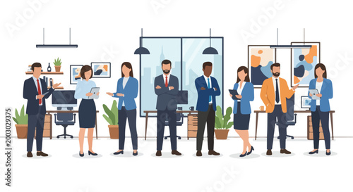 Professional business team in modern office, diverse corporate employees standing in workspace, flat vector illustration of successful coworkers