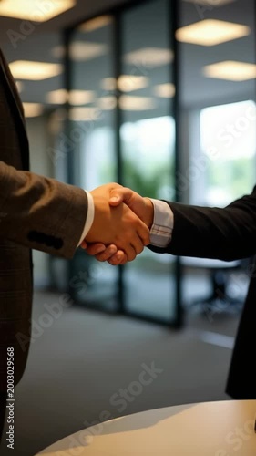 Two business professionals in formal suits shaking hands in a contemporary office setting, symbolizing successful partnership, agreement, or corporate deal. Daylight through glass walls.