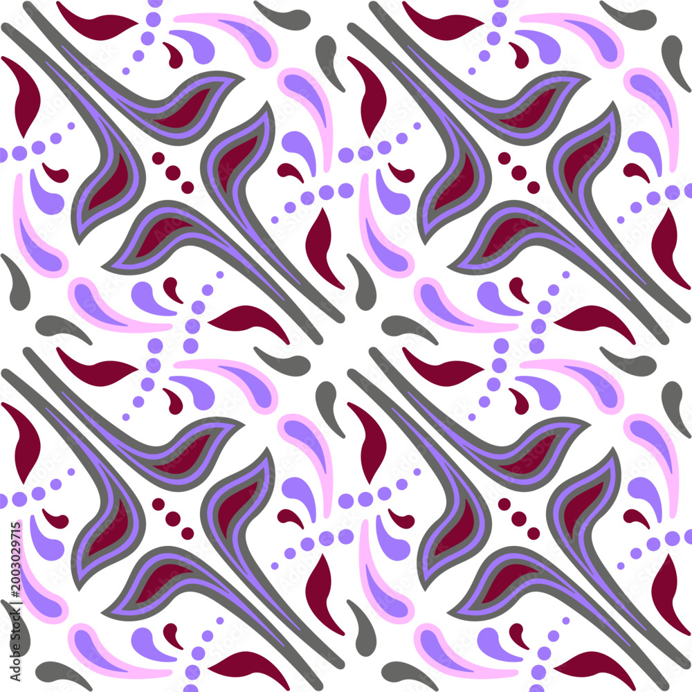 Fototapeta premium Ornamental background in ethnic style. Complex kaleidoscope ornament. Seamless pattern of paisley. Mosaic tile decor in folk style and gray purple colors