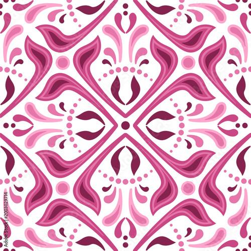 Ornamental background in ethnic style. Seamless pattern of paisley. Square floral mandala in red pink colors. Ethnic red pink colorful ornament on white background