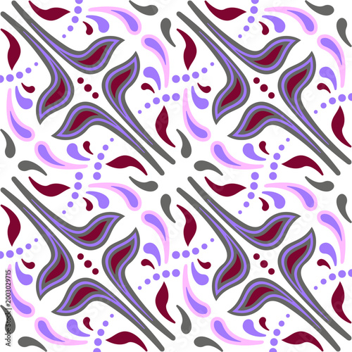 Ornamental background in ethnic style. Complex kaleidoscope ornament. Seamless pattern of paisley. Mosaic tile decor in folk style and gray purple colors