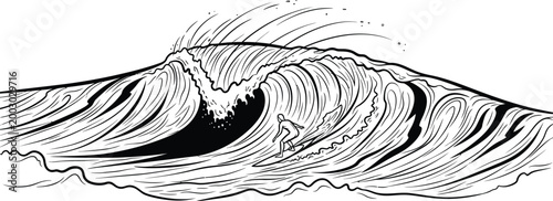 Professional surfer rides a massive hollow ocean wave while balancing on his surfboard during an exciting sunny day at the beach in this detailed graphic illustration