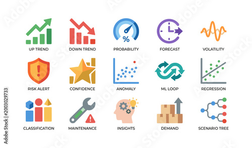 Data analysis and machine learning icons on white background