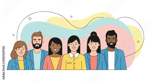 Diverse business team illustration, multiethnic group of professional office workers, corporate community and inclusive workplace culture vector