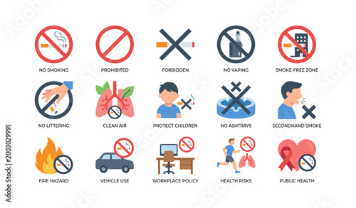 No smoking and clean air icons arranged in grid on white