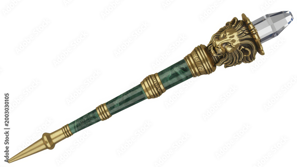 Fototapeta premium Decorative writing pen with a lion head finial and crystal point on a white background