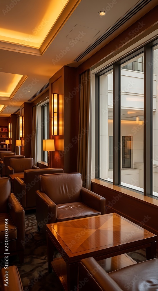 Fototapeta premium Elegant leather armchairs and tables in a luxurious hotel lounge with warm ambient lighting and large windows overlooking a city street.