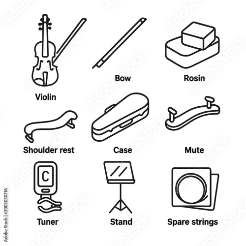 Essential violin accessories: bow, rosin, case, tuner, and stand