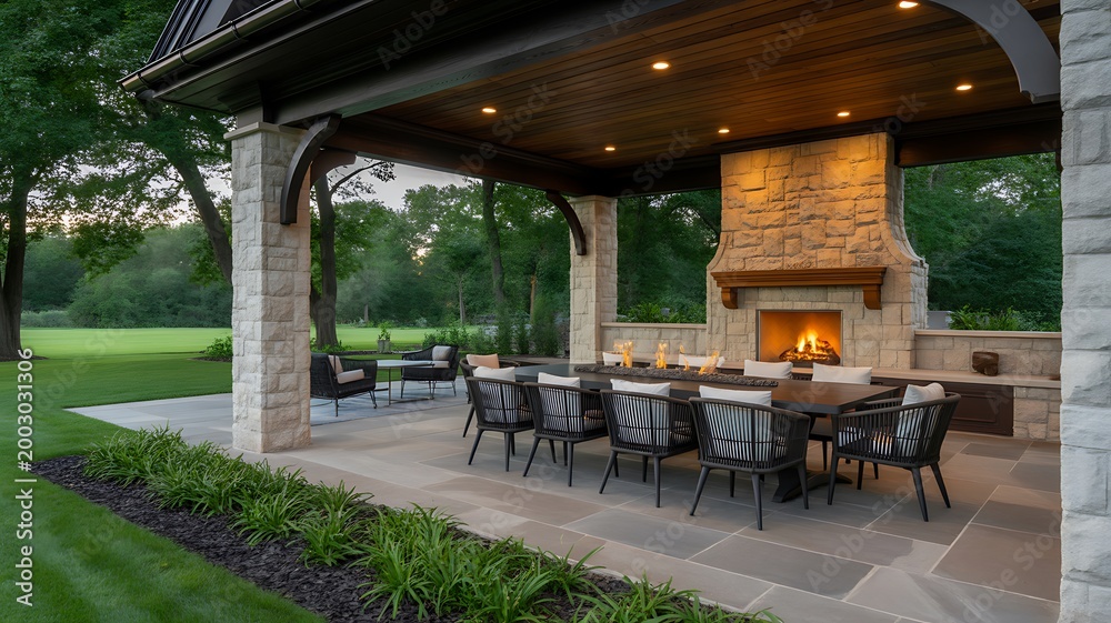 Fototapeta premium Luxury outdoor patio with fireplace seating and modern garden landscaping design