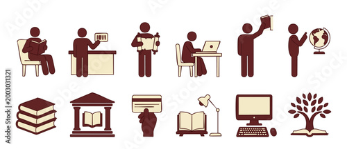 Library Icons Set, Education And Research Symbols, Studying People Vector Pack. Flat minimalist library elements including books, computer, globe, reading, librarian, and academic study resources coll