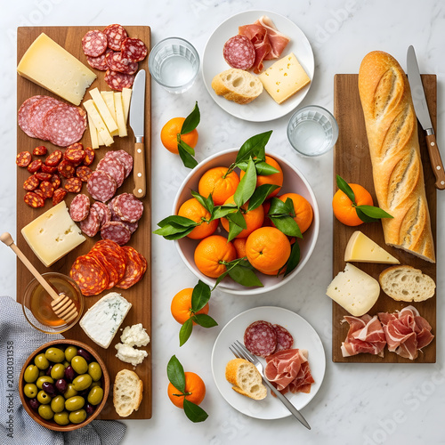 Charcuterie board platter holds sliced cured meats cheese loaves plus citrus.
