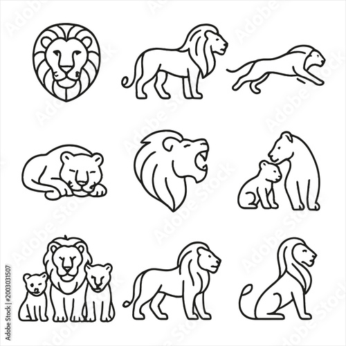 Elegant lion silhouette icons: family, strength, and nature symbolism
