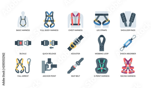 Safety harness and fall protection icons grid with equipment