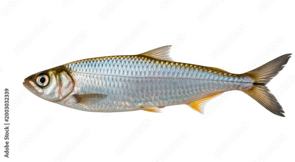Fototapeta premium Fresh raw silver fish with shiny scales and fins isolated on a plain white background view