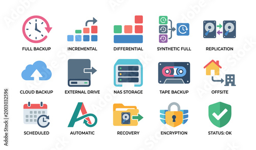 Data backup and storage icons arranged on white background