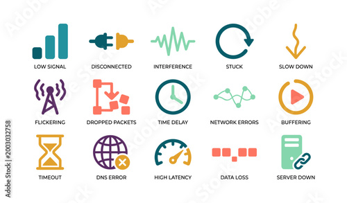 Network error icons representing connectivity issues and status