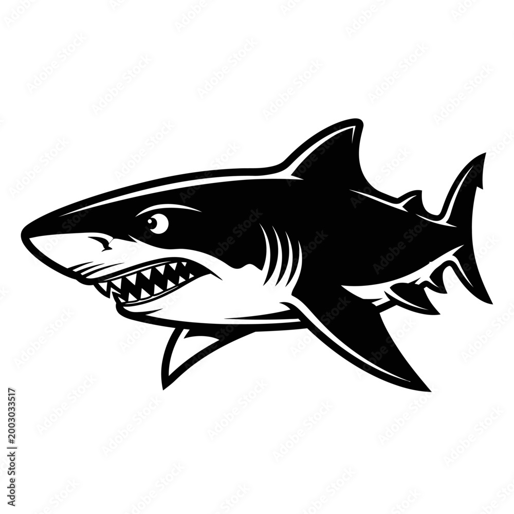 Obraz premium Aggressive Shark Illustration, Black and White, Sharp Teeth, Ocean Predator