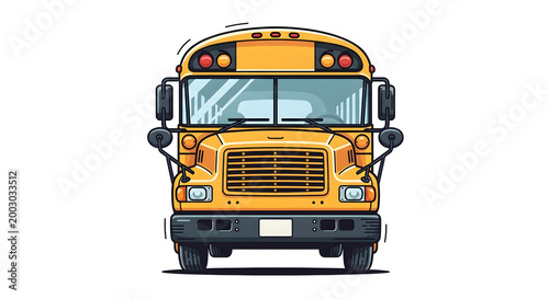 Yellow school bus front view showing black bumper headlights and metal grill.