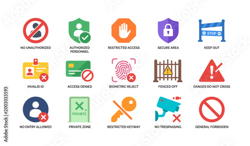 Access restriction and forbidden signs icons on white background