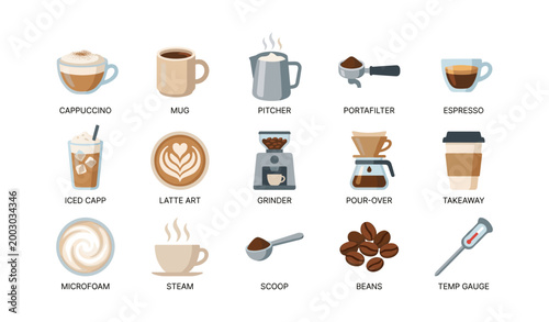 Coffee and brewing icons showing cups tools on white background