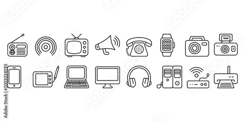 Simple black and white line of household appliances and tools kitchen utensils cleaning