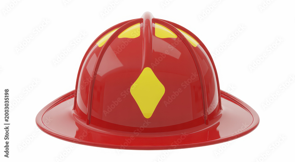 Fototapeta premium Glossy red firefighter helmet with yellow diamond emblem isolated on a white background