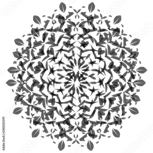 Black and White Circular Floral Mandala Pattern with Leaf Motifs