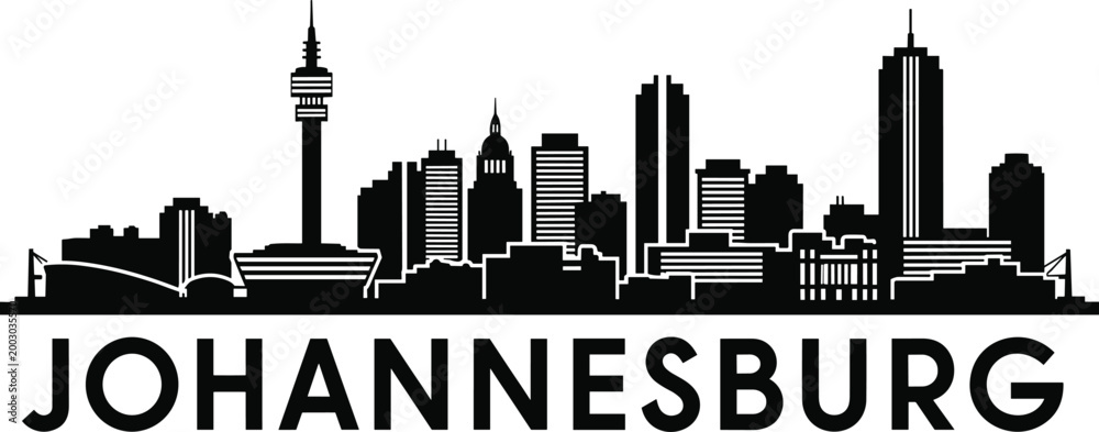 Naklejka premium Black Silhouette of Johannesburg Skyline with City Name Below black and white