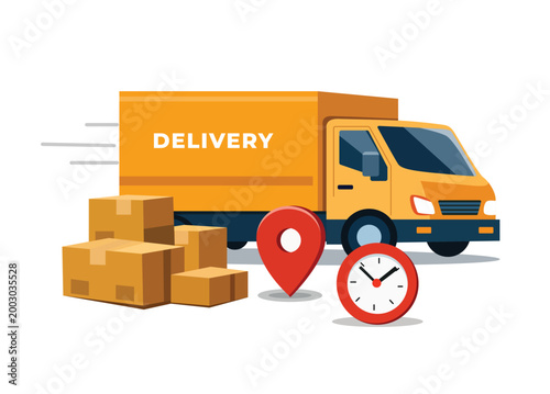 Bild auf Leinwand Yellow delivery truck with boxes location pin and clock for shipping logistics