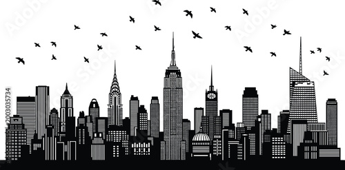 Black Silhouette of New York City Skyline with Birds Flying Overhead black and white