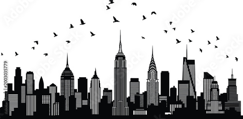 Black Silhouette Skyline of New York City with Birds Flying Above black and white