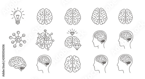 Set of Brain Diagrams and Side View Illustrations for Neuroscience Education.