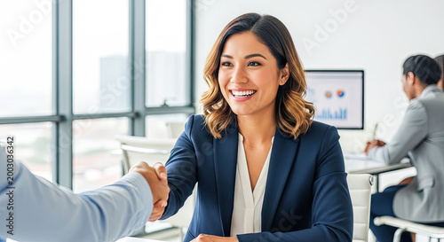 A smiling woman in a navy blue suit shakes hands with a colleague. She is sitting at a modern desk in a bright office with a large window overlooking a city skyline.